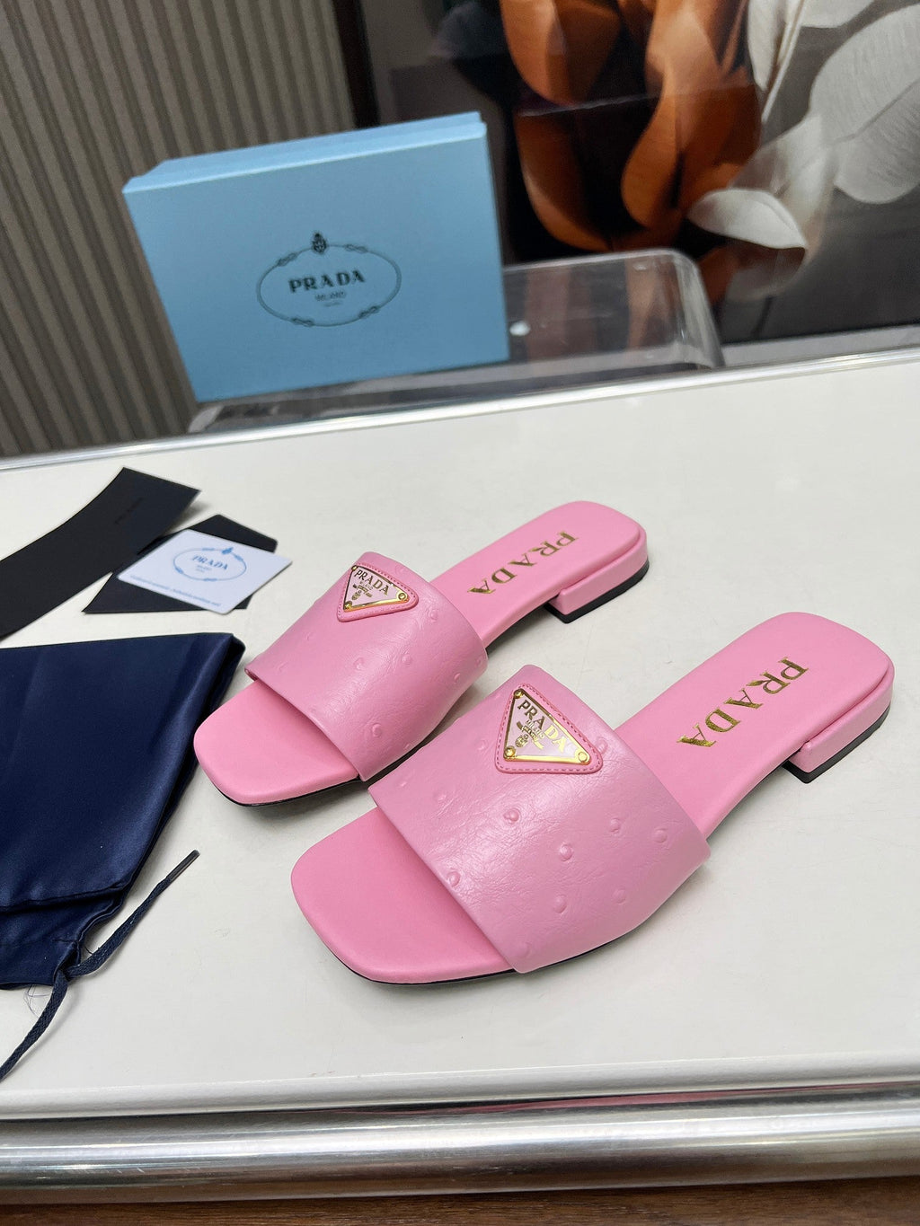 PRADA SAFFIANO PATENT SLIDES OSTRICH MOTIF PINK CALFSKIN