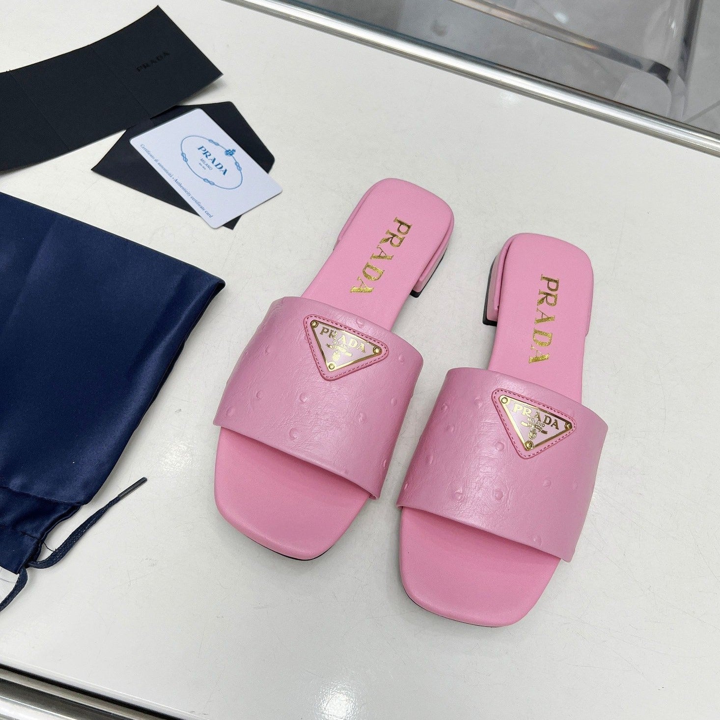 PRADA SAFFIANO PATENT SLIDES OSTRICH MOTIF PINK CALFSKIN