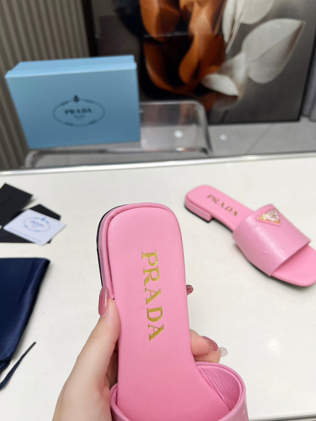 PRADA SAFFIANO PATENT SLIDES OSTRICH MOTIF PINK CALFSKIN