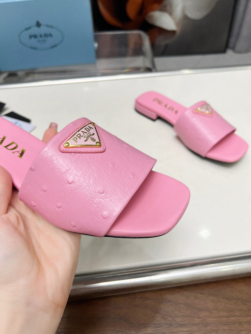 PRADA SAFFIANO PATENT SLIDES OSTRICH MOTIF PINK CALFSKIN