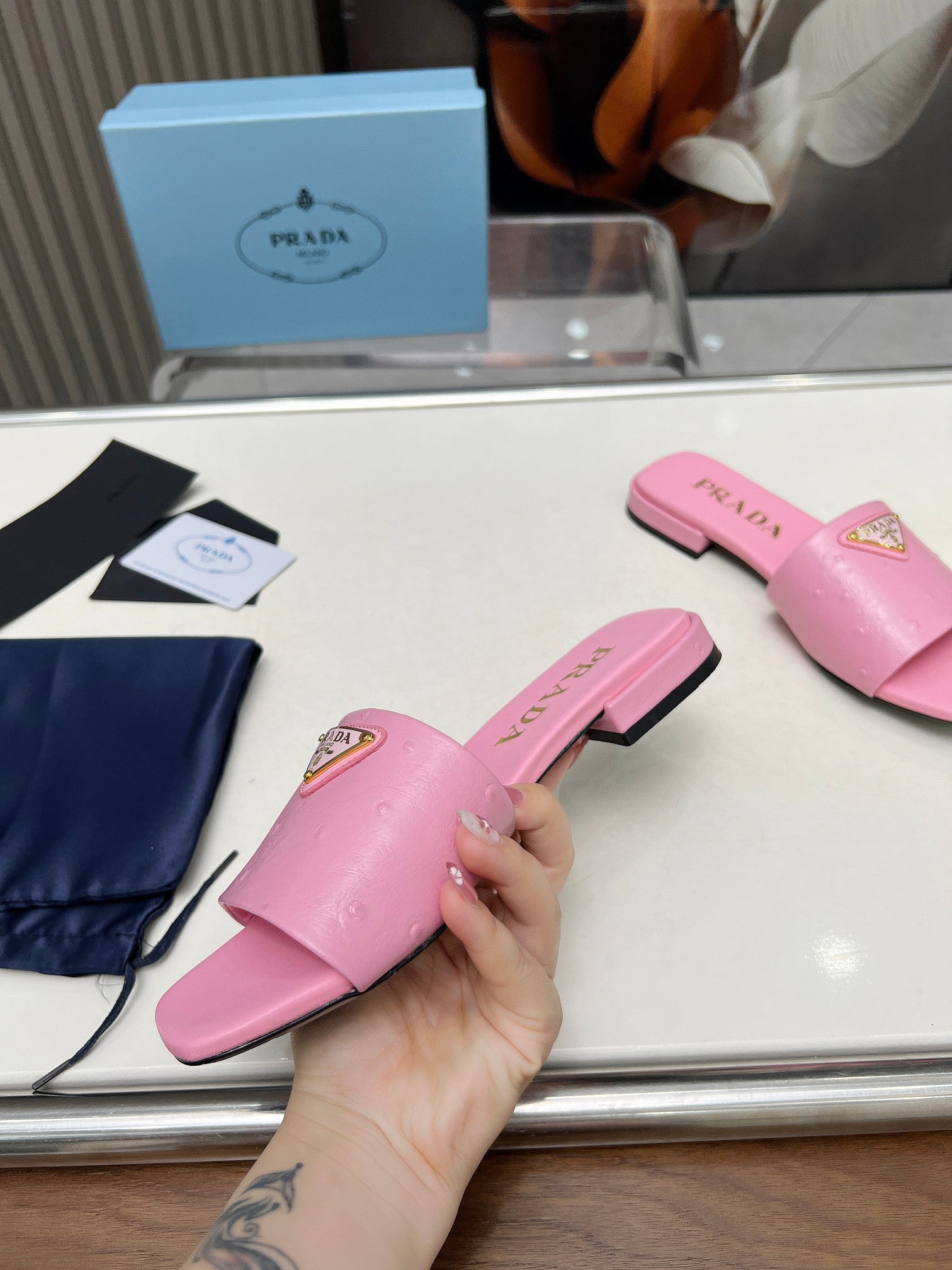 PRADA SAFFIANO PATENT SLIDES OSTRICH MOTIF PINK CALFSKIN