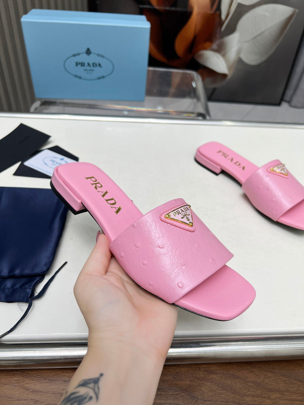 PRADA SAFFIANO PATENT SLIDES OSTRICH MOTIF PINK CALFSKIN