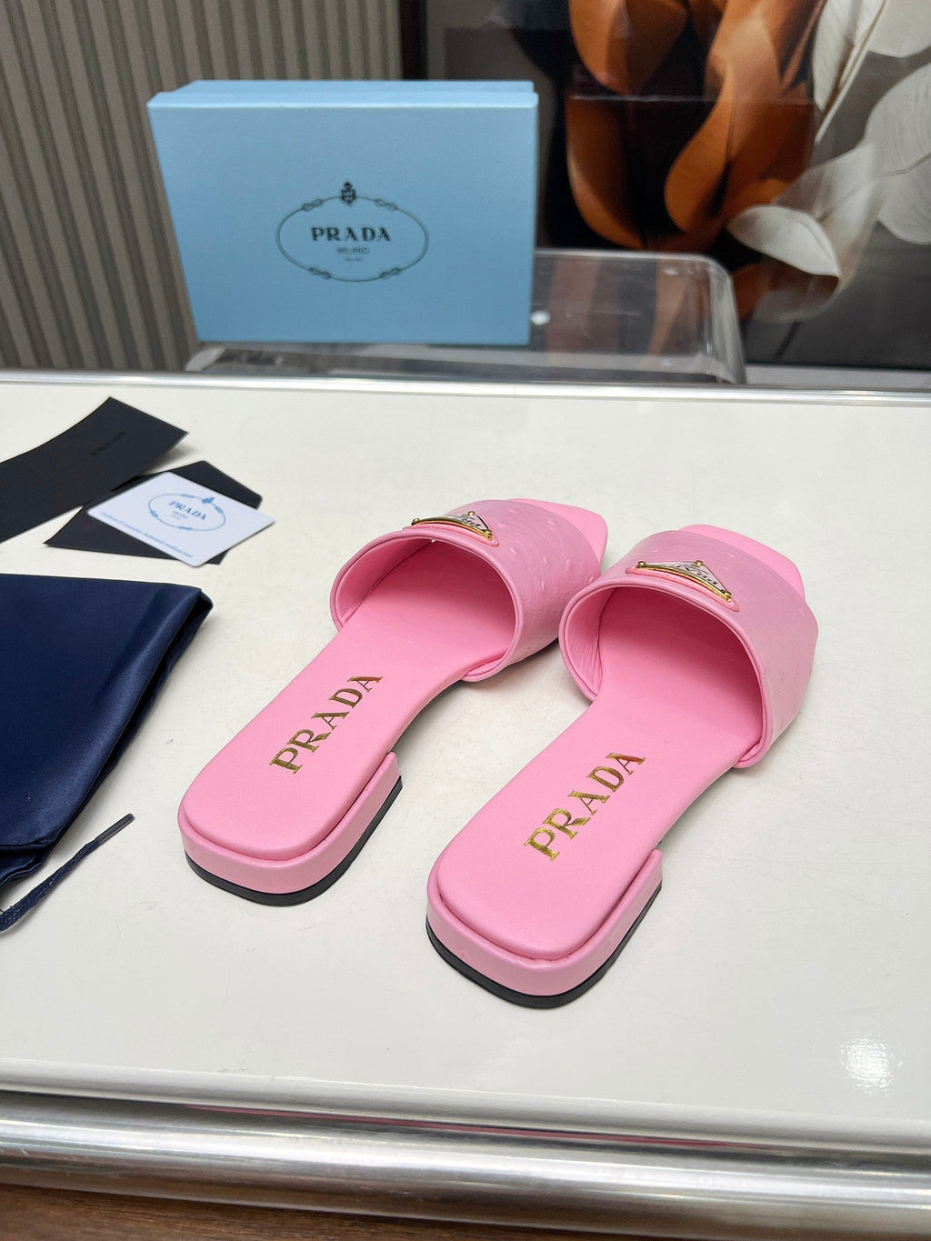 PRADA SAFFIANO PATENT SLIDES OSTRICH MOTIF PINK CALFSKIN