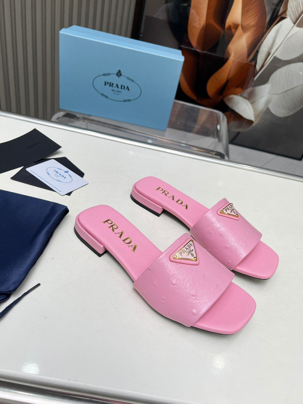 PRADA SAFFIANO PATENT SLIDES OSTRICH MOTIF PINK CALFSKIN