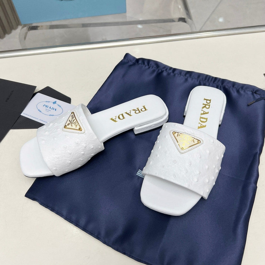 PRADA SAFFIANO PATENT SLIDES OSTRICH MOTIF WHITE CALFSKIN