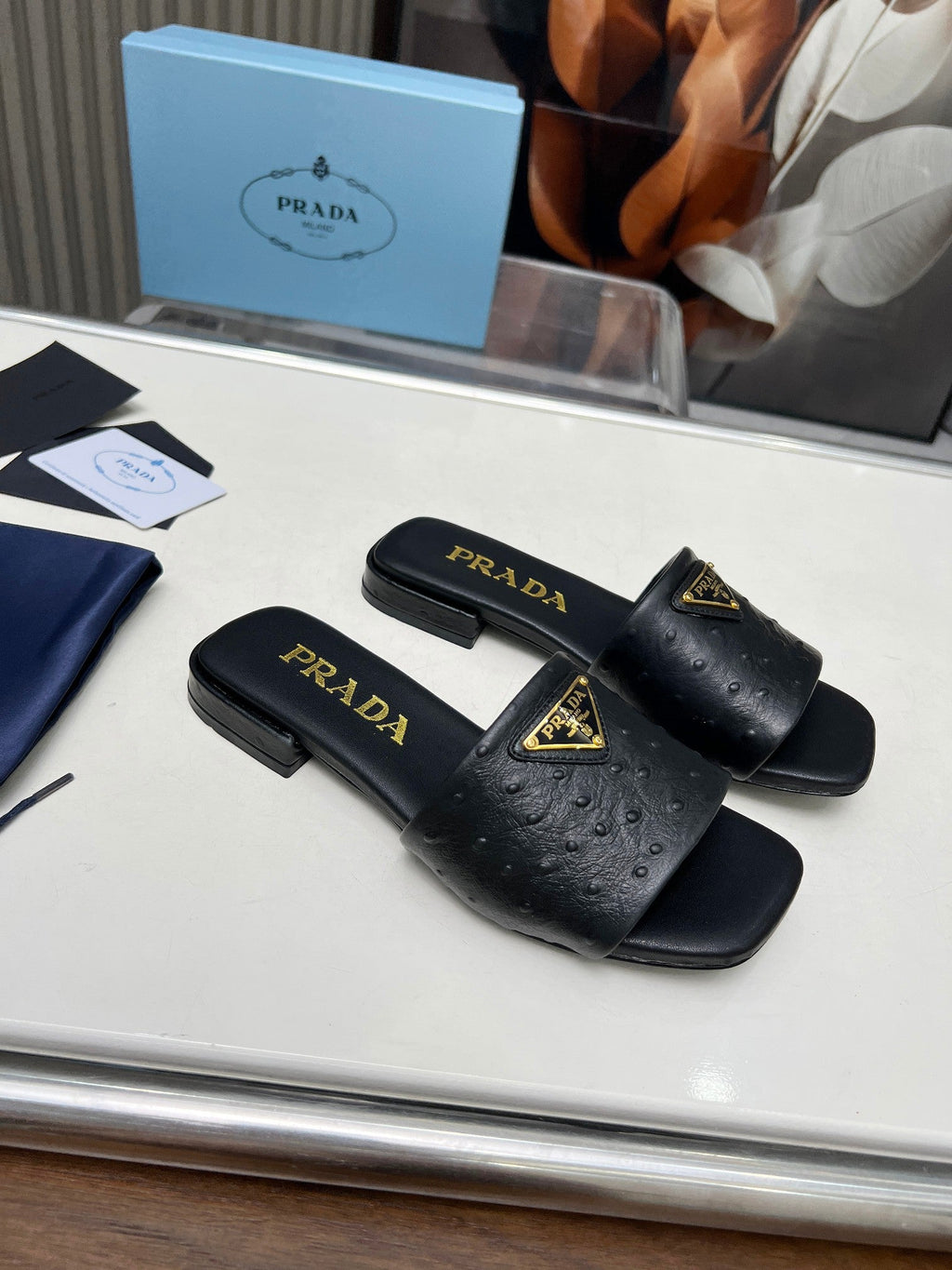 PRADA SAFFIANO PATENT SLIDES OSTRICH MOTIF BLACK CALFSKIN