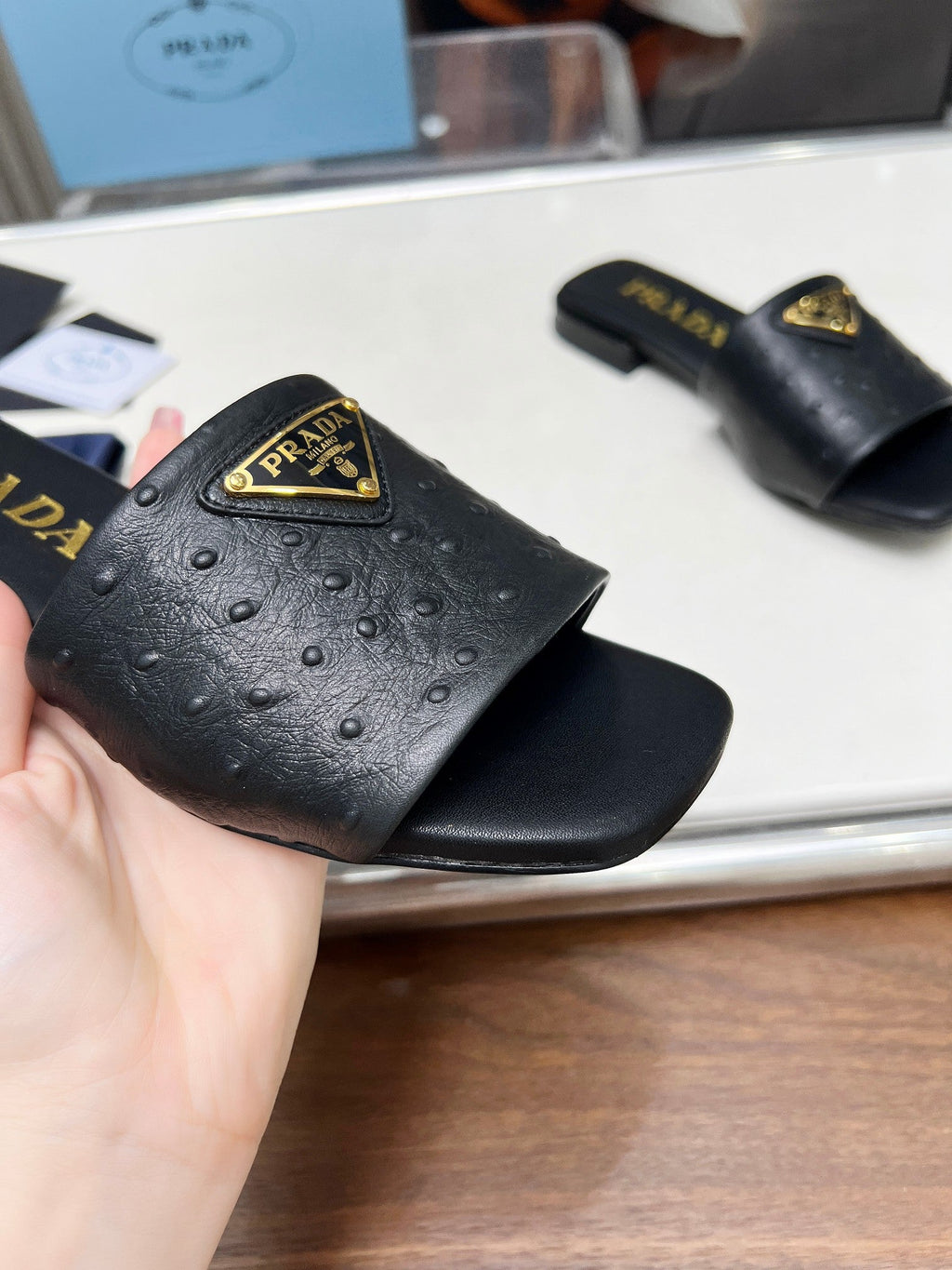 PRADA SAFFIANO PATENT SLIDES OSTRICH MOTIF BLACK CALFSKIN