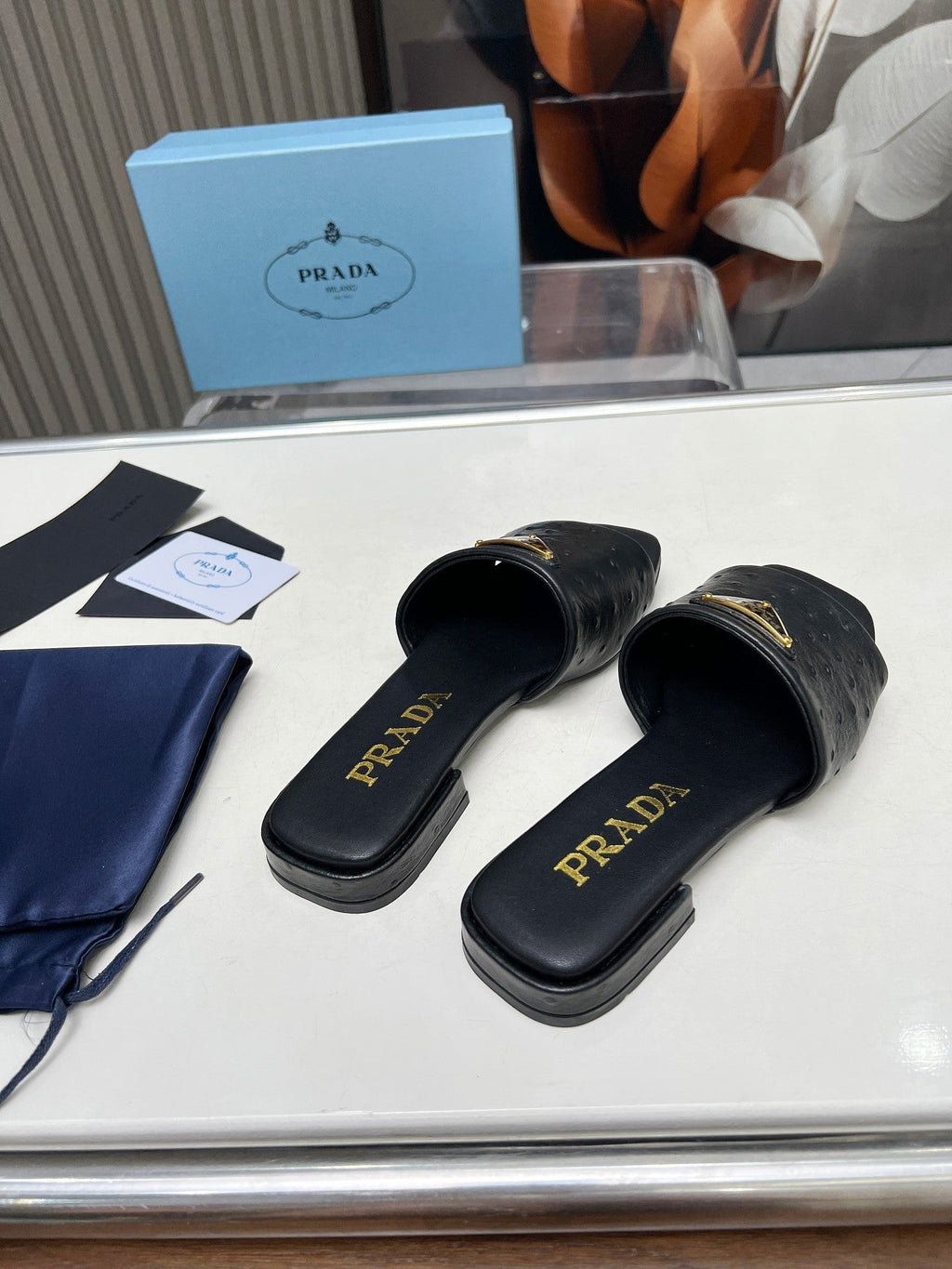 PRADA SAFFIANO PATENT SLIDES OSTRICH MOTIF BLACK CALFSKIN