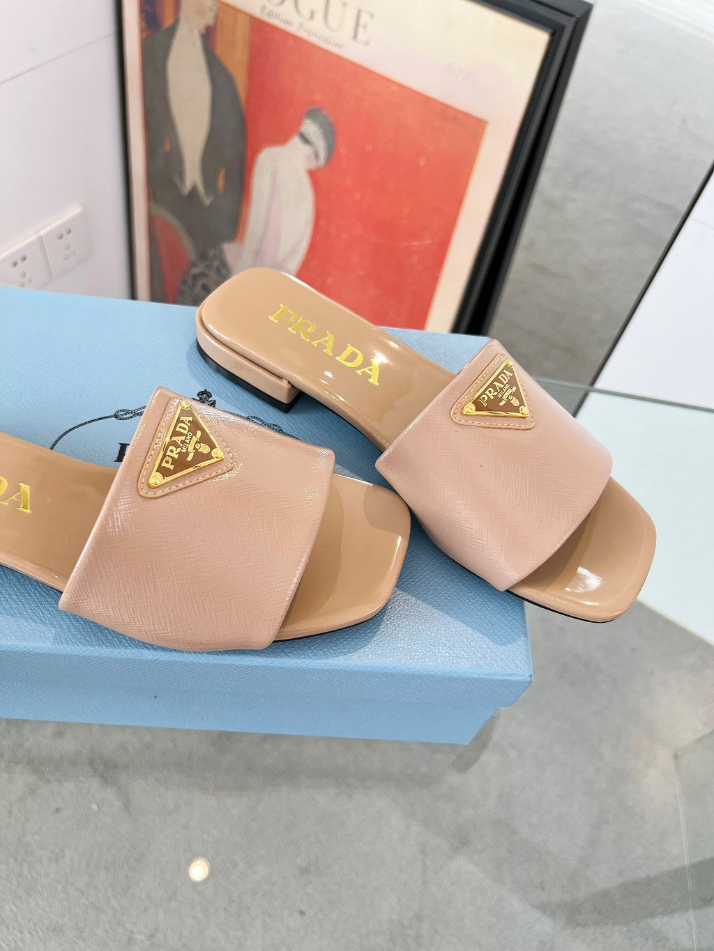 PRADA SAFFIANO PATENT SLIDES TUSCAN CALFSKIN