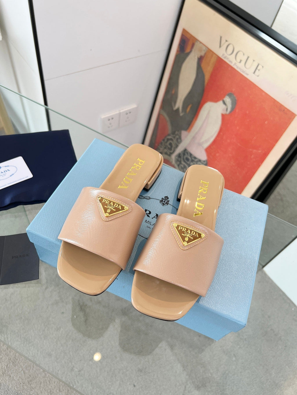 PRADA SAFFIANO PATENT SLIDES TUSCAN CALFSKIN