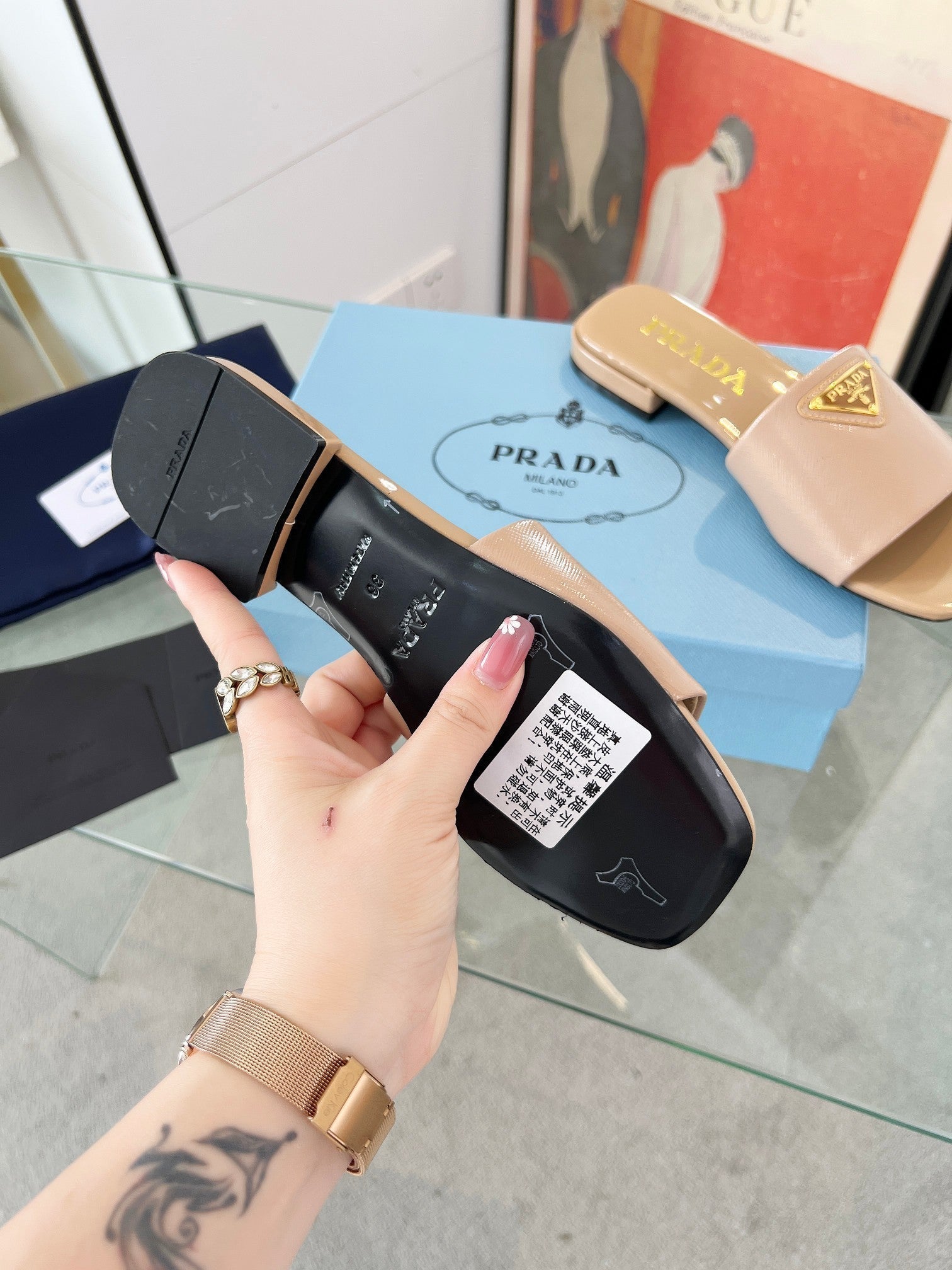 PRADA SAFFIANO PATENT SLIDES TUSCAN CALFSKIN
