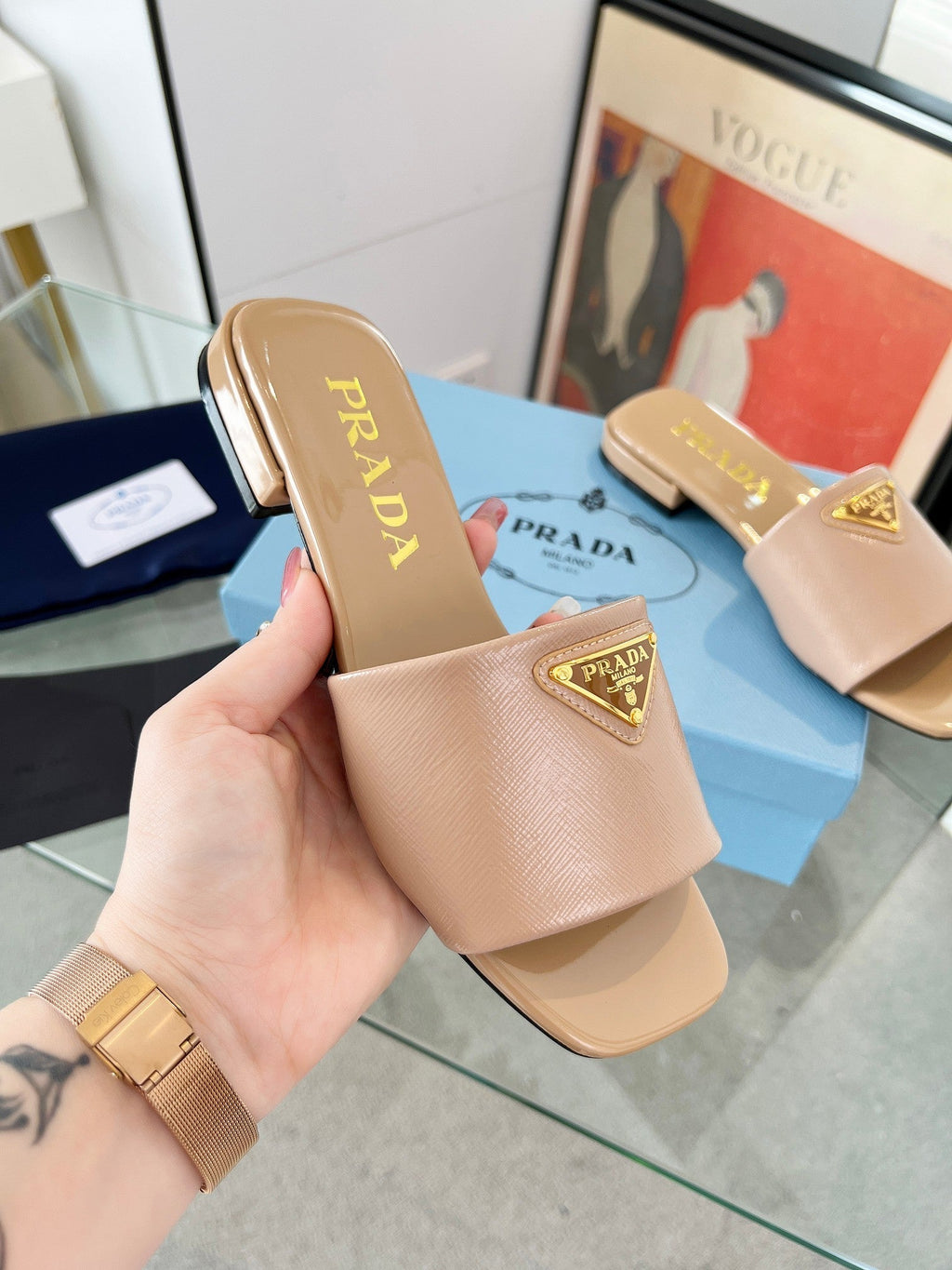PRADA SAFFIANO PATENT SLIDES TUSCAN CALFSKIN