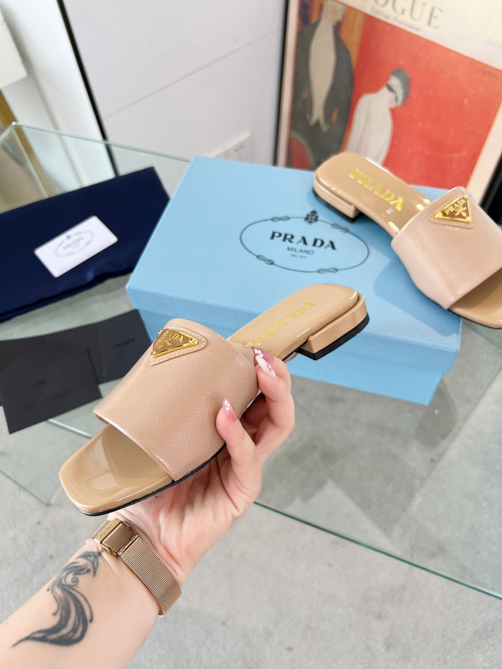 PRADA SAFFIANO PATENT SLIDES TUSCAN CALFSKIN