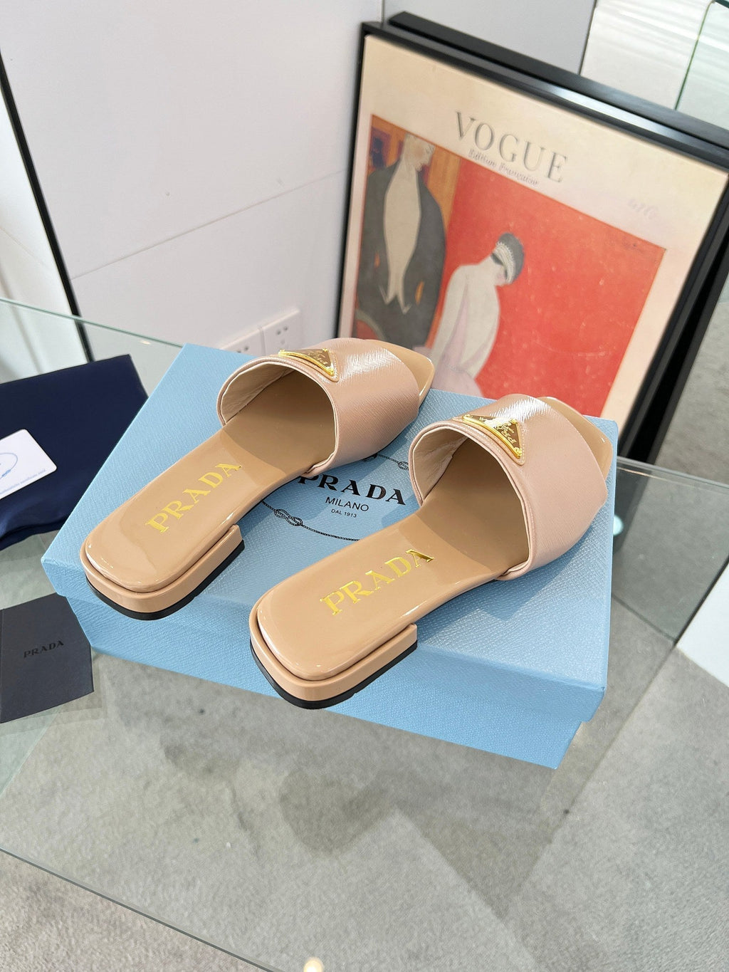 PRADA SAFFIANO PATENT SLIDES TUSCAN CALFSKIN