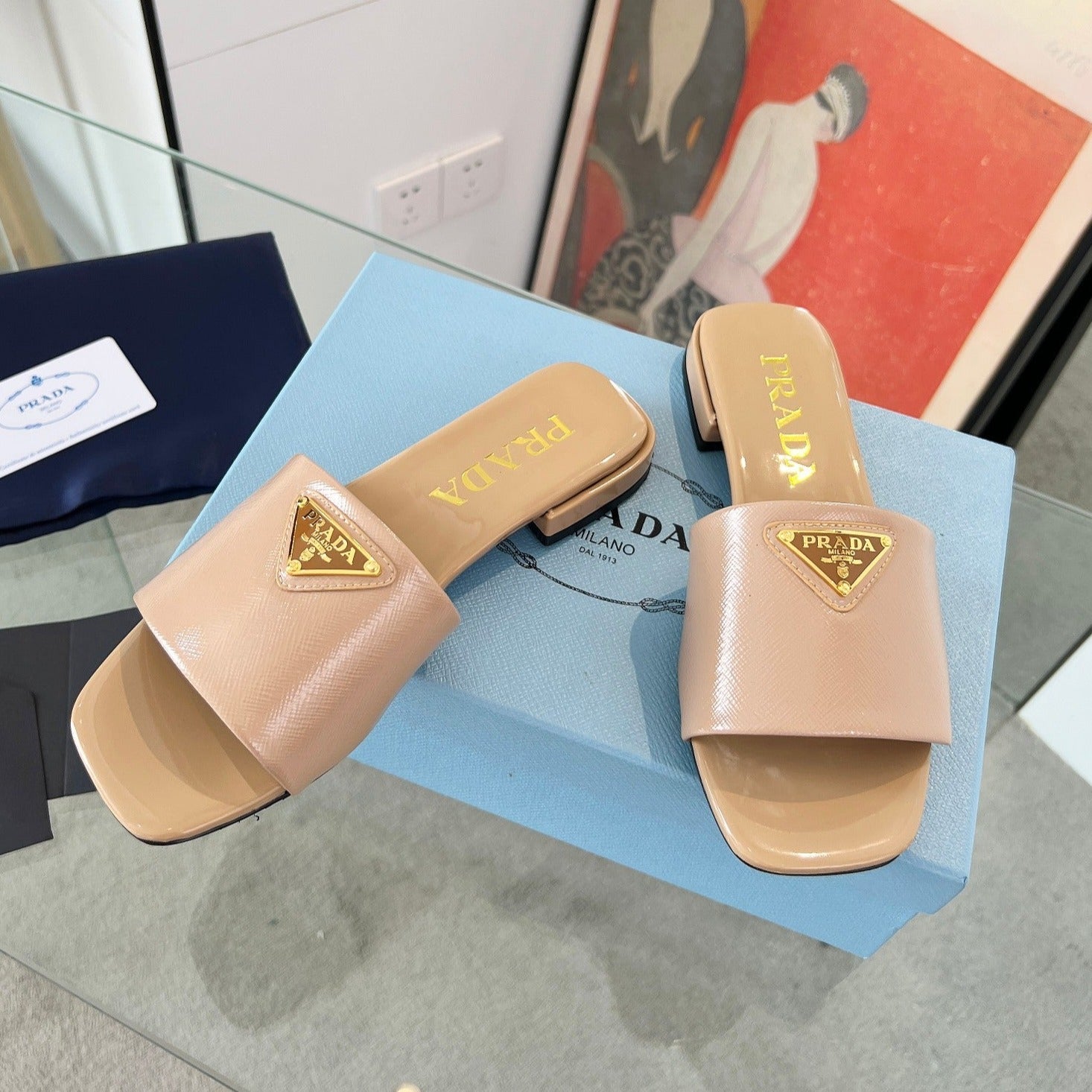 PRADA SAFFIANO PATENT SLIDES TUSCAN CALFSKIN