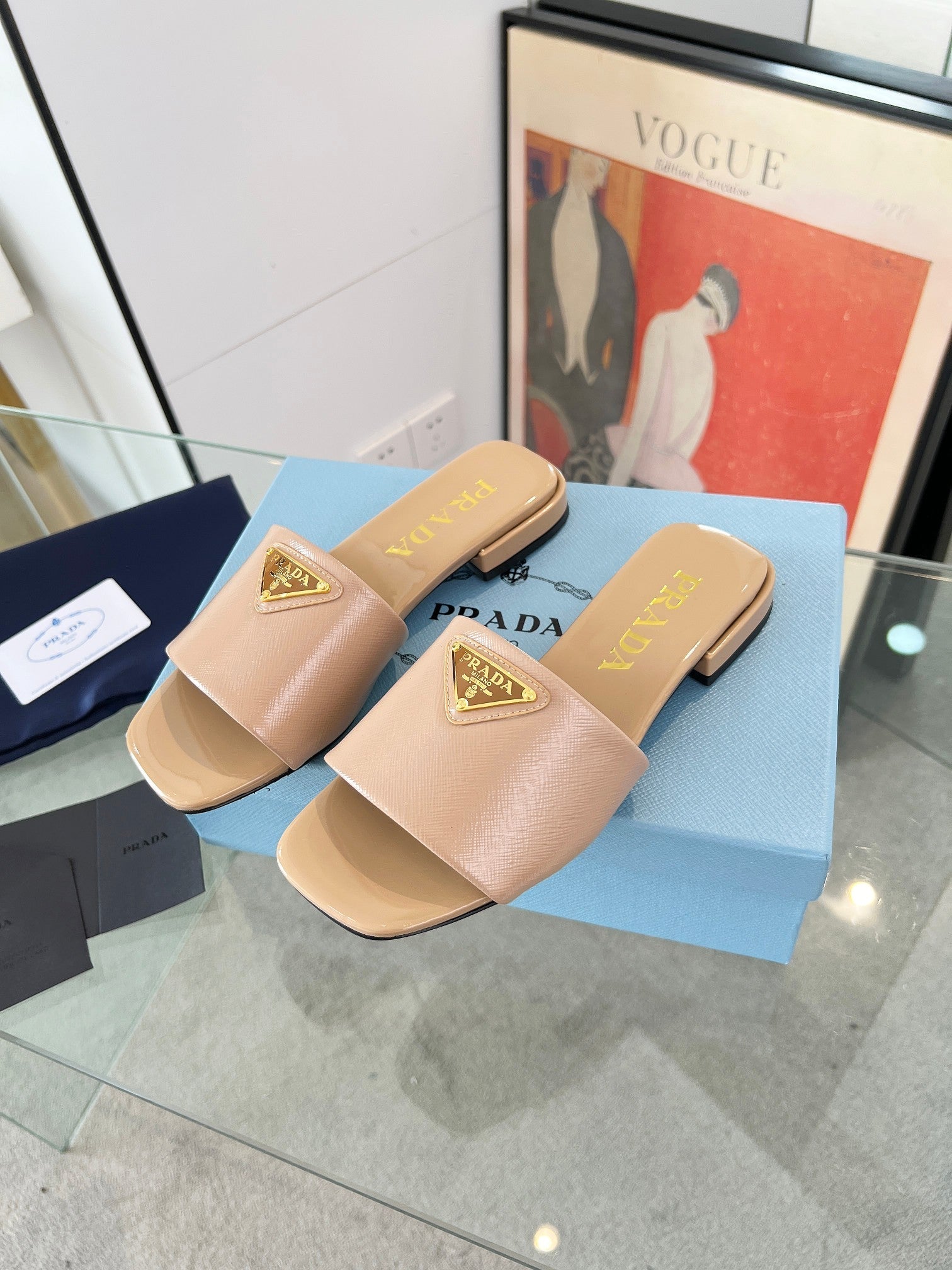 PRADA SAFFIANO PATENT SLIDES TUSCAN CALFSKIN