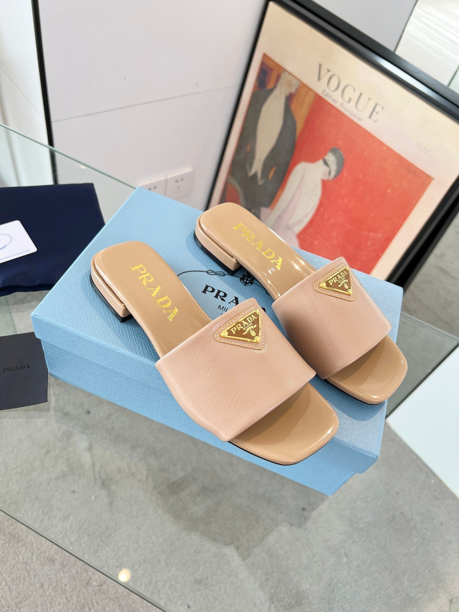 PRADA SAFFIANO PATENT SLIDES TUSCAN CALFSKIN