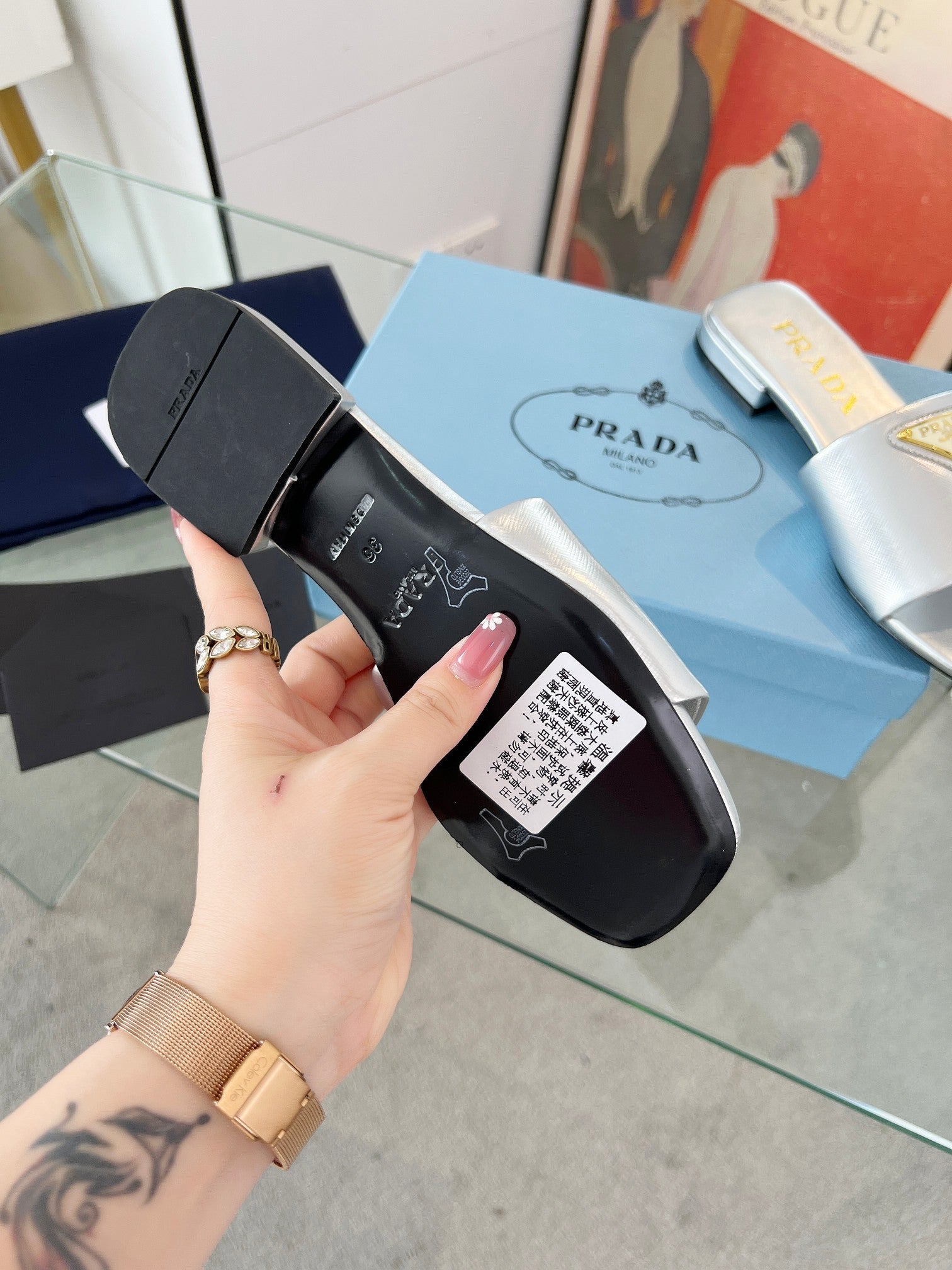 PRADA SAFFIANO PATENT SLIDES SILVER CALFSKIN