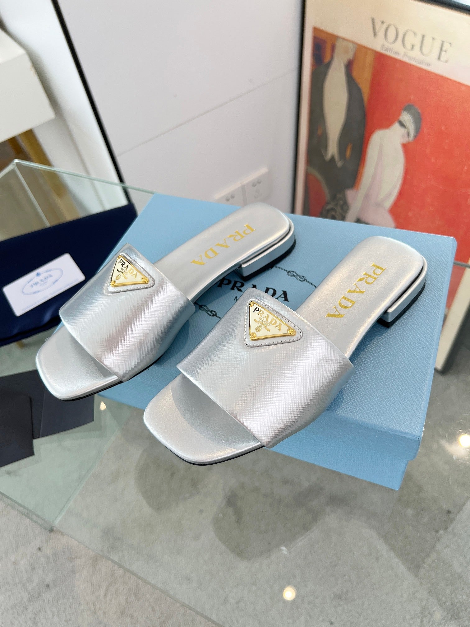 PRADA SAFFIANO PATENT SLIDES SILVER CALFSKIN