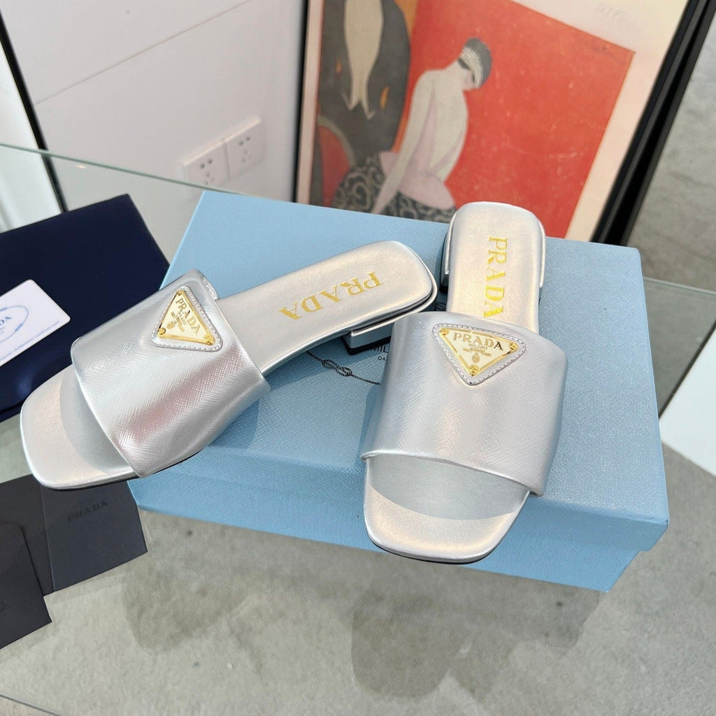 PRADA SAFFIANO PATENT SLIDES SILVER CALFSKIN