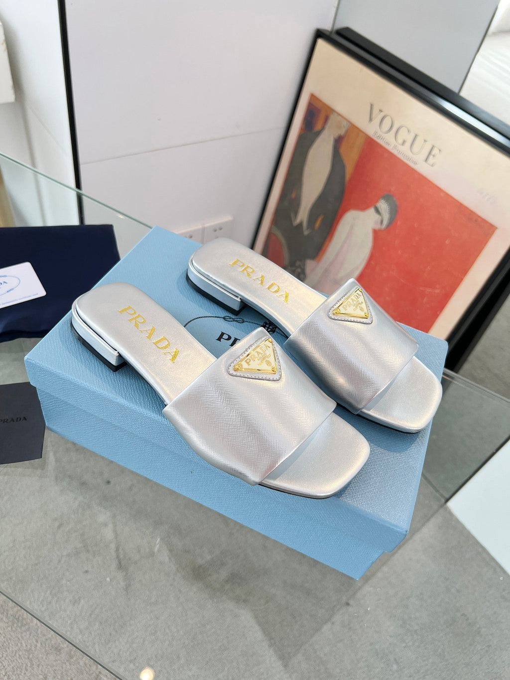 PRADA SAFFIANO PATENT SLIDES SILVER CALFSKIN