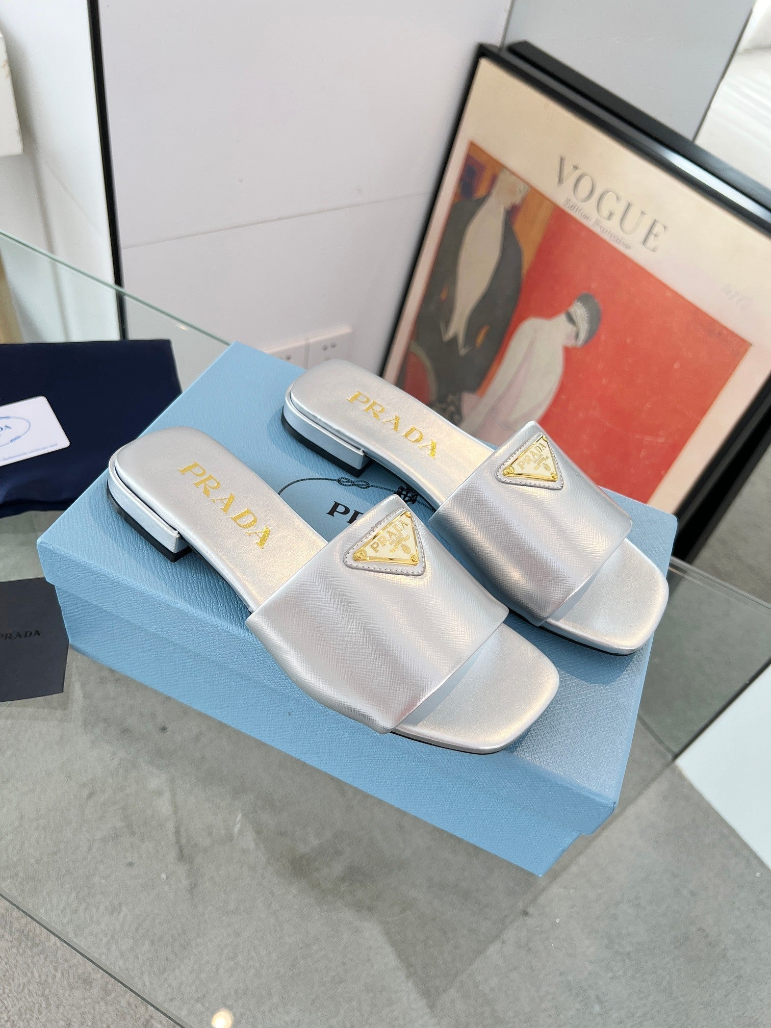 PRADA SAFFIANO PATENT SLIDES SILVER CALFSKIN