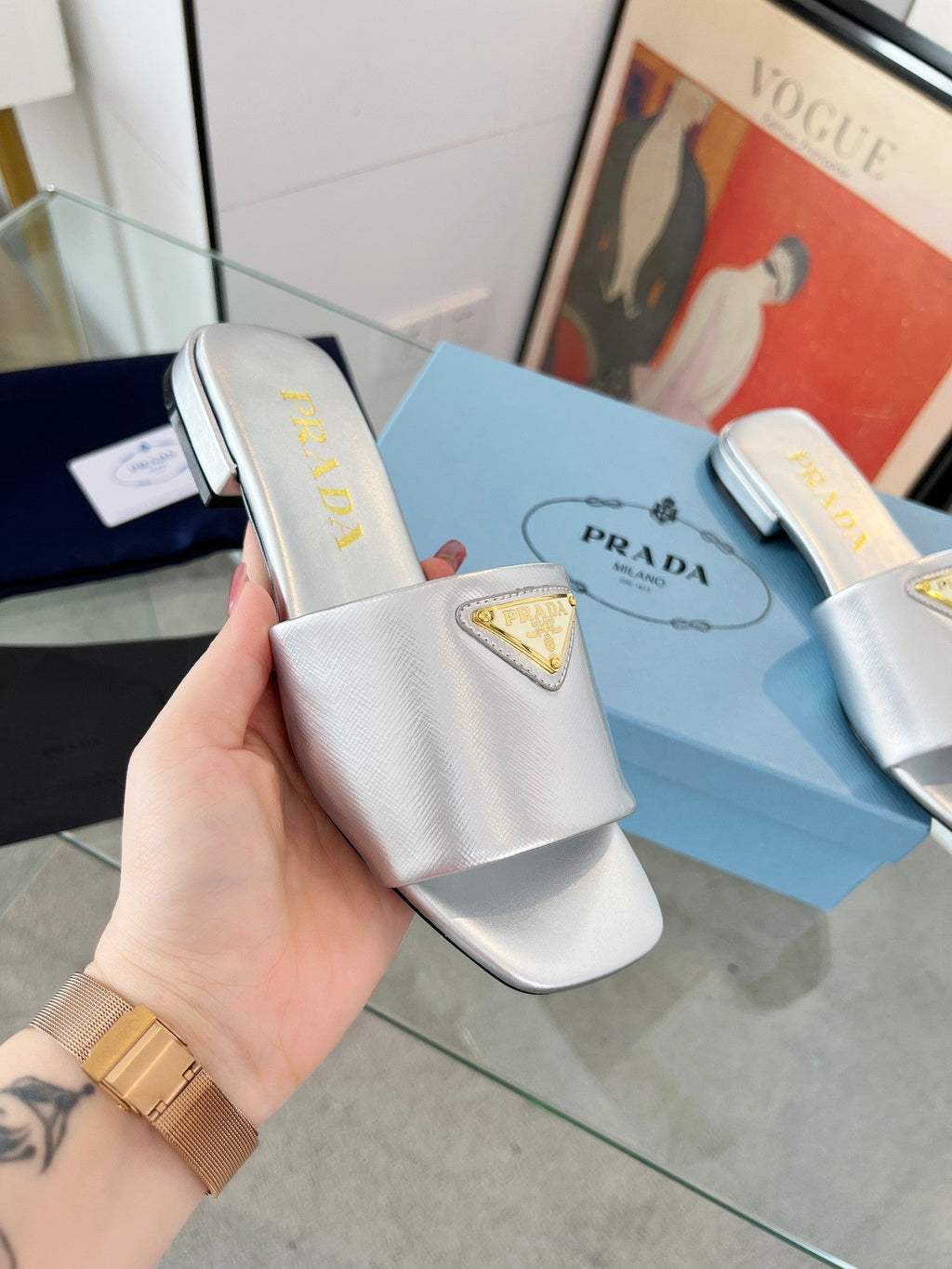 PRADA SAFFIANO PATENT SLIDES SILVER CALFSKIN