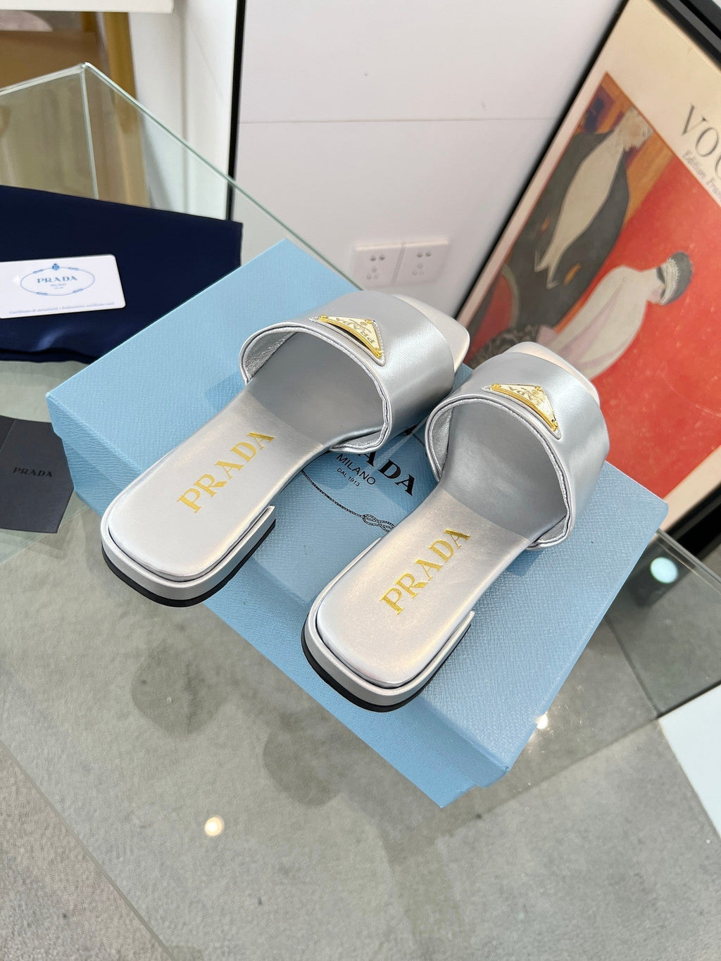 PRADA SAFFIANO PATENT SLIDES SILVER CALFSKIN