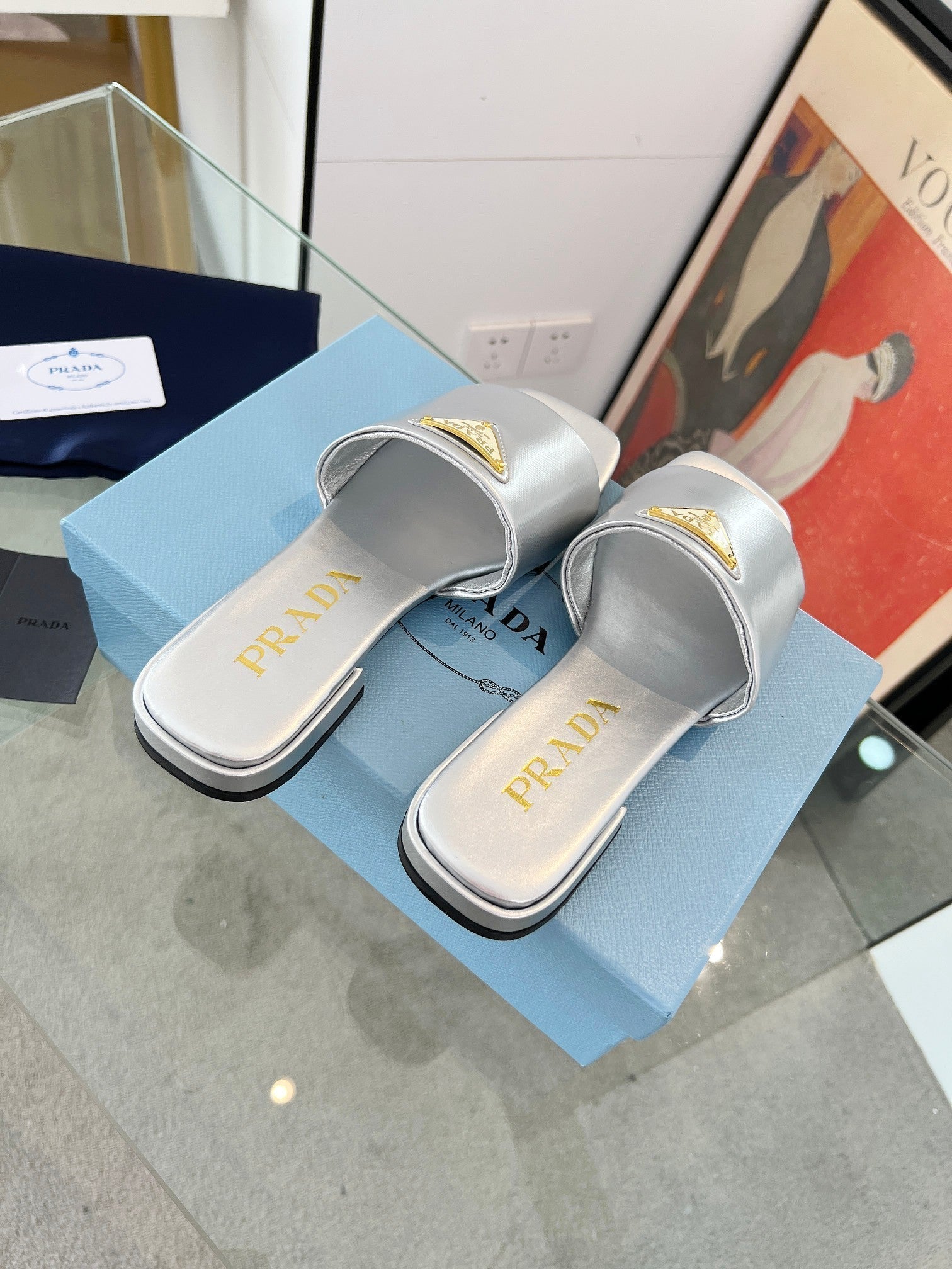 PRADA SAFFIANO PATENT SLIDES SILVER CALFSKIN