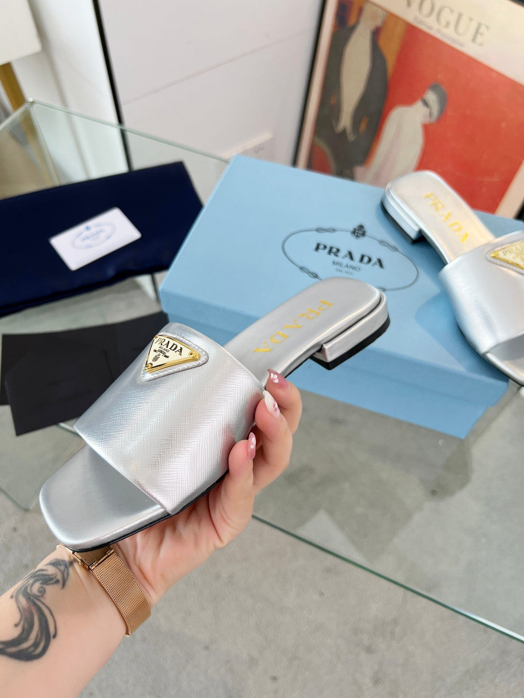 PRADA SAFFIANO PATENT SLIDES SILVER CALFSKIN