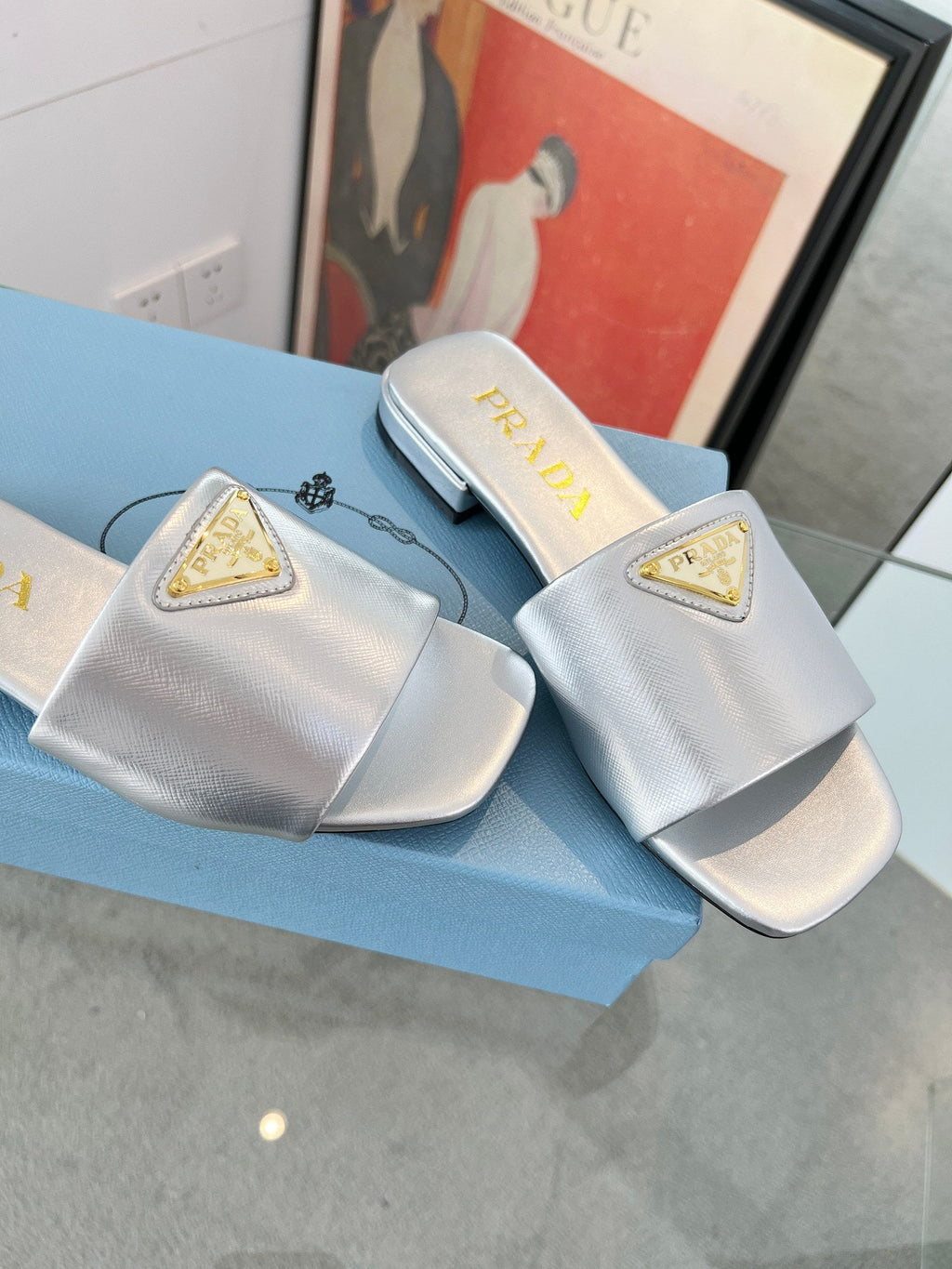 PRADA SAFFIANO PATENT SLIDES SILVER CALFSKIN