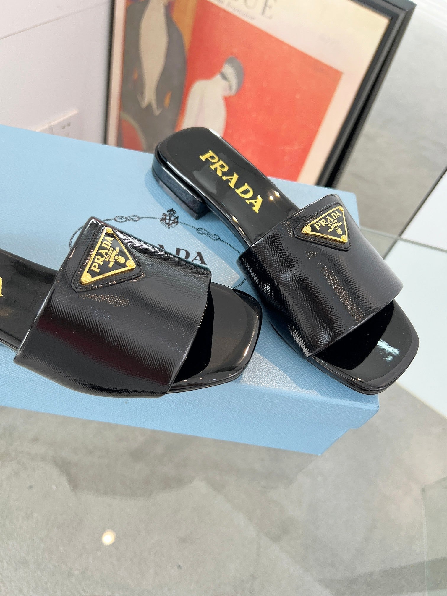PRADA SAFFIANO PATENT SLIDES BLACK CALFSKIN