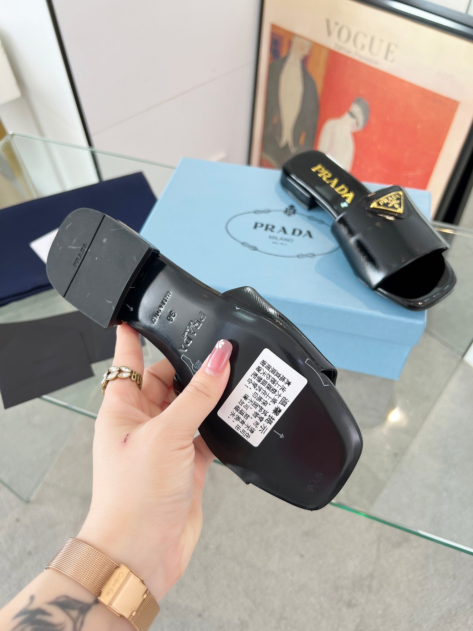 PRADA SAFFIANO PATENT SLIDES BLACK CALFSKIN