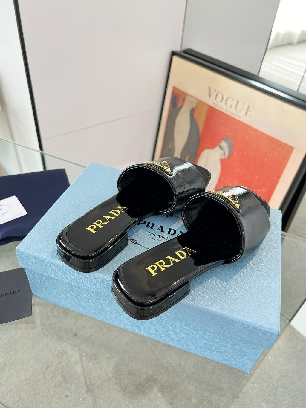 PRADA SAFFIANO PATENT SLIDES BLACK CALFSKIN