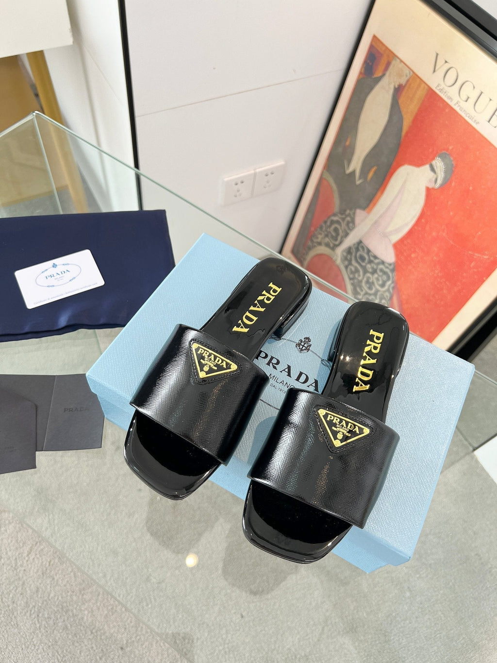 PRADA SAFFIANO PATENT SLIDES BLACK CALFSKIN