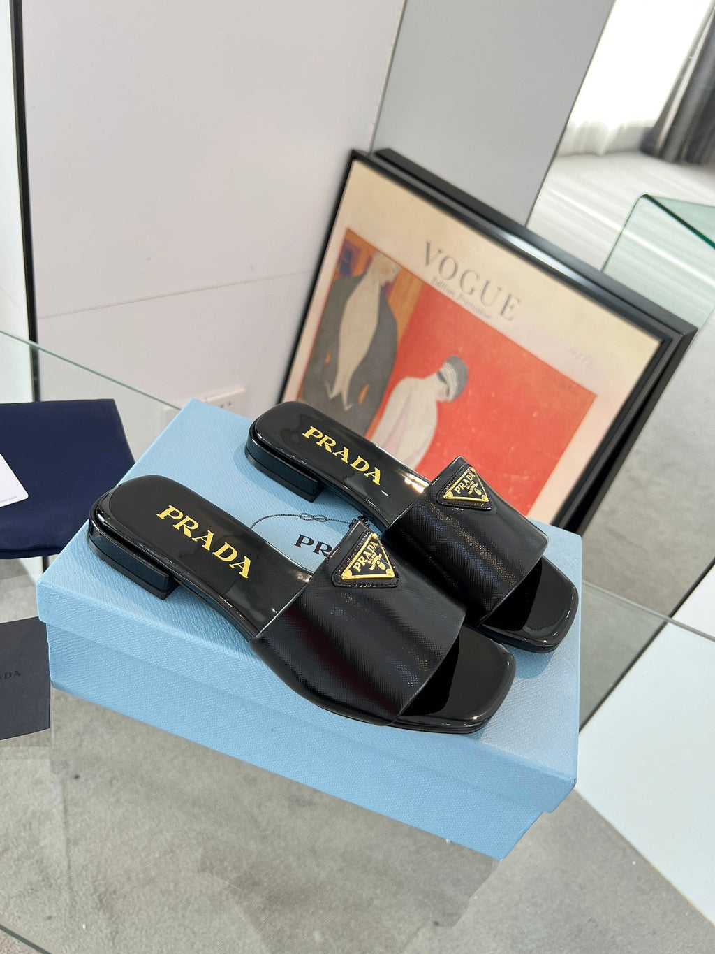 PRADA SAFFIANO PATENT SLIDES BLACK CALFSKIN