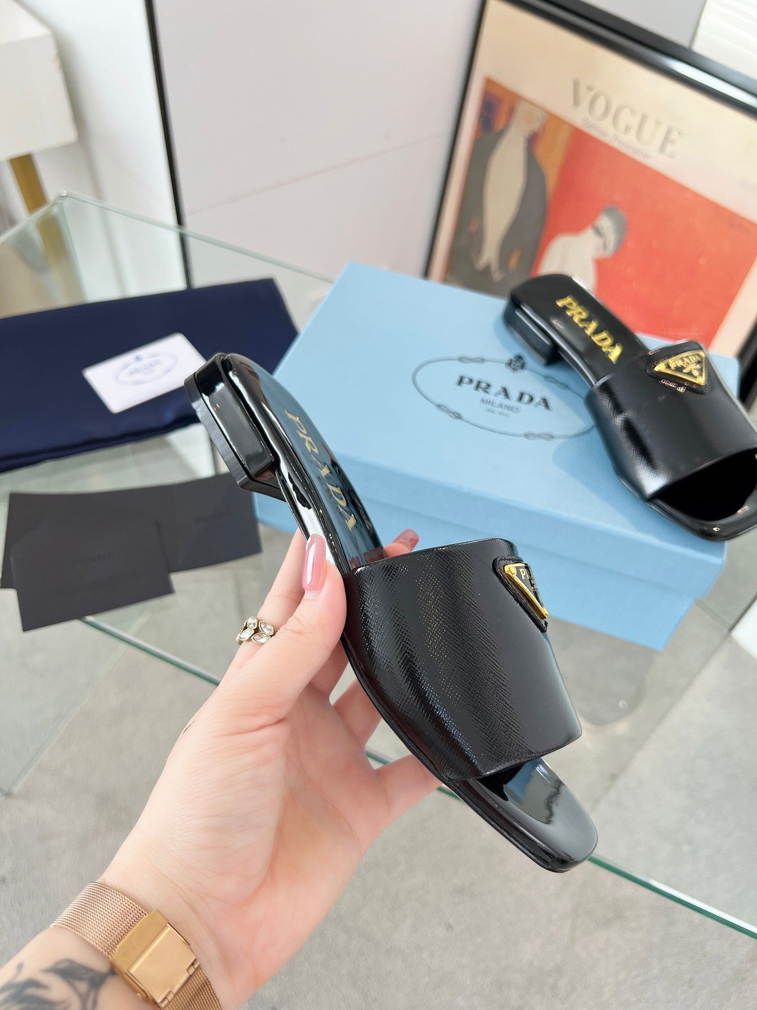 PRADA SAFFIANO PATENT SLIDES BLACK CALFSKIN