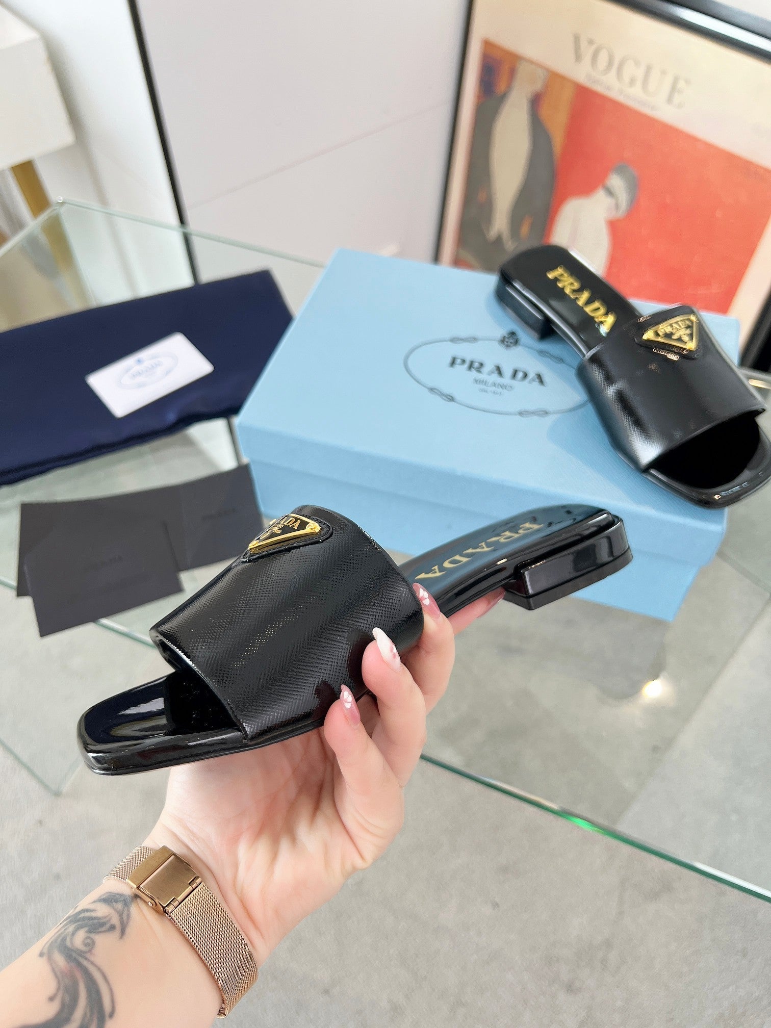 PRADA SAFFIANO PATENT SLIDES BLACK CALFSKIN