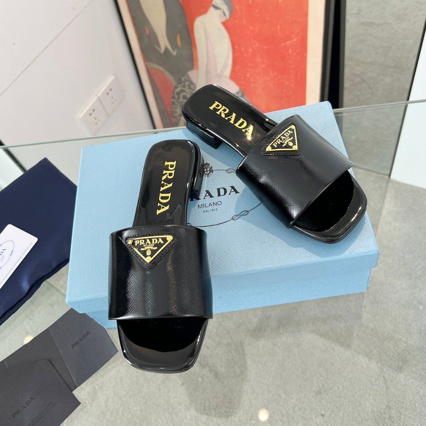 PRADA SAFFIANO PATENT SLIDES BLACK CALFSKIN