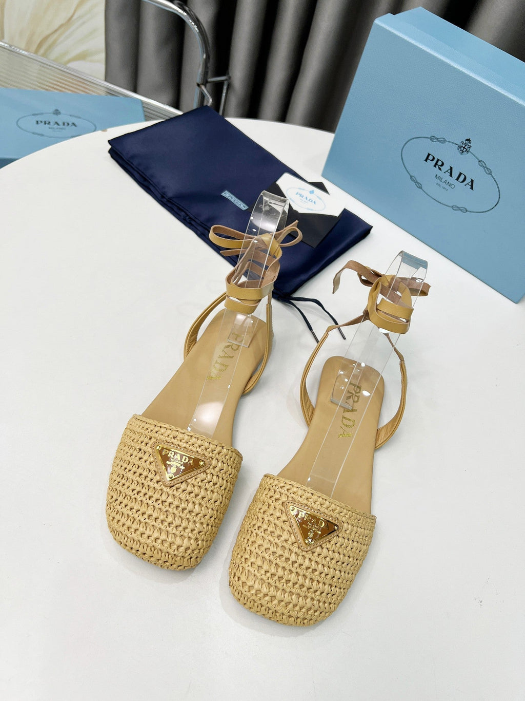PRADA CROCHET SANLS IN EGG NOG BEIGE FABRIC