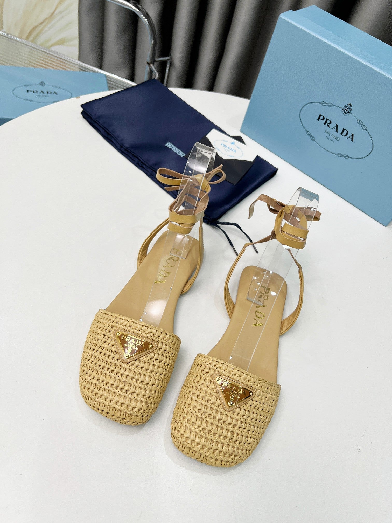 PRADA CROCHET SANLS IN EGG NOG BEIGE FABRIC