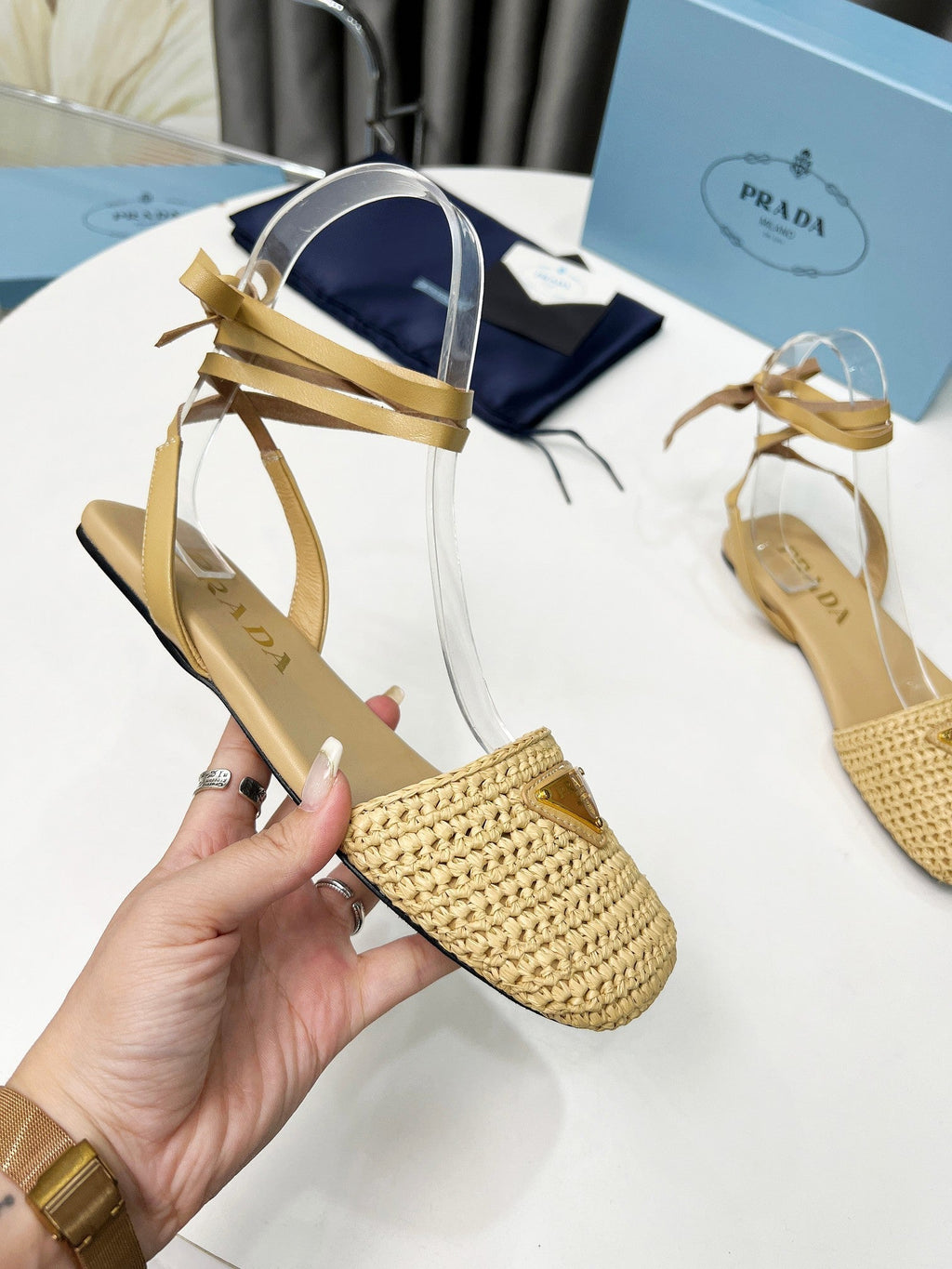 PRADA CROCHET SANLS IN EGG NOG BEIGE FABRIC
