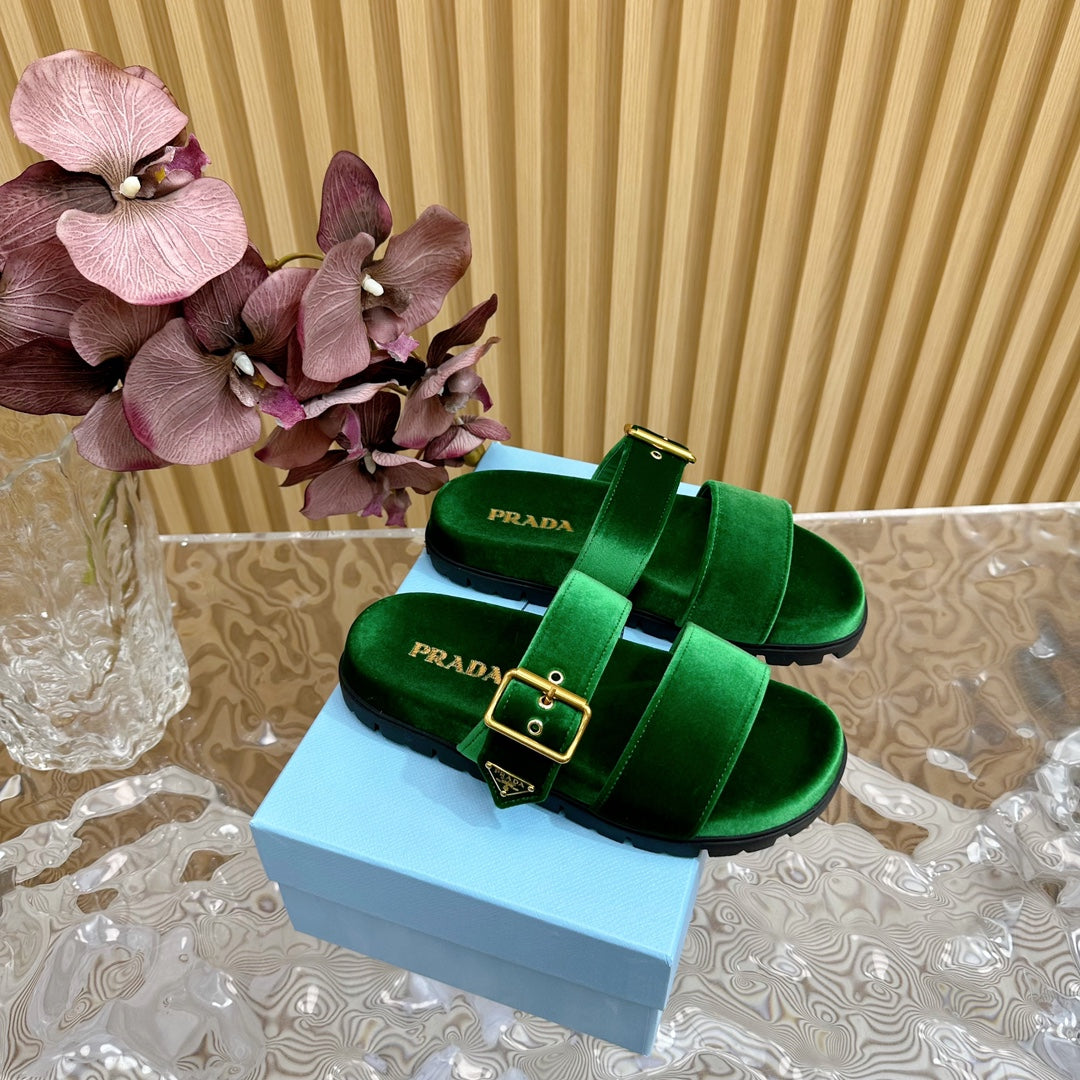 PRADA SLIDES SANLS RK GREEN VELVET