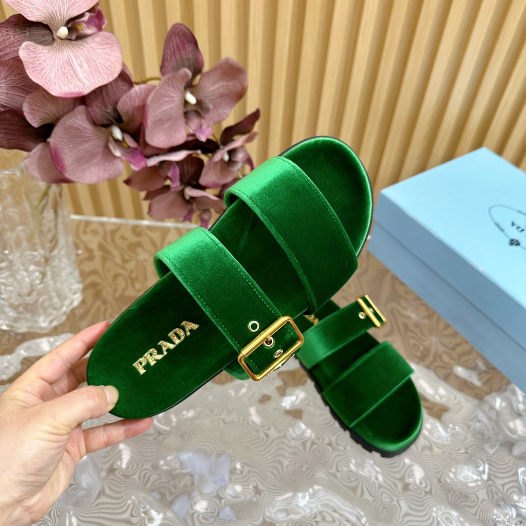 PRADA SLIDES SANLS RK GREEN VELVET