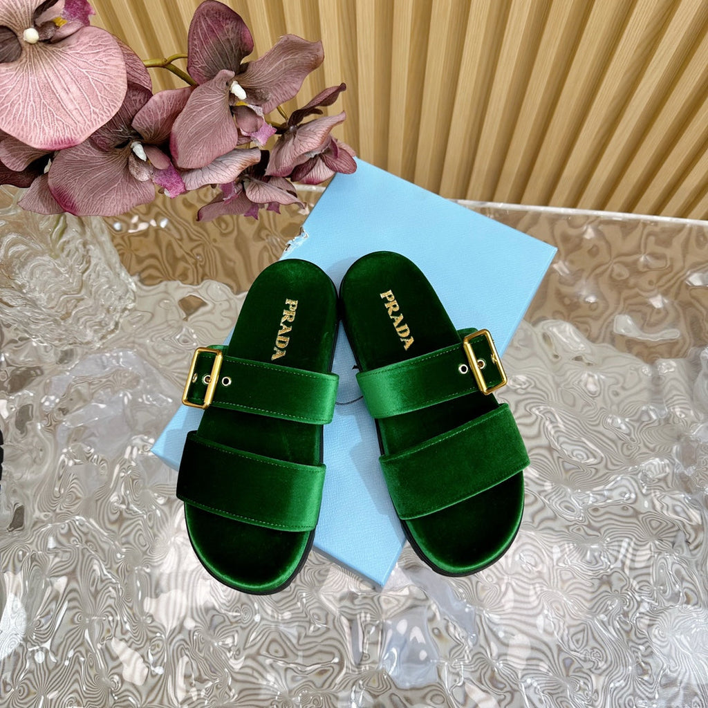PRADA SLIDES SANLS RK GREEN VELVET