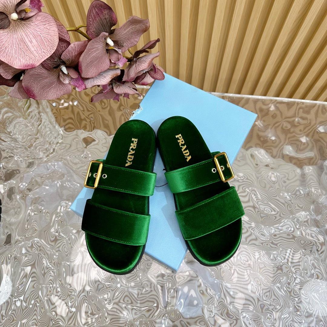 PRADA SLIDES SANLS RK GREEN VELVET