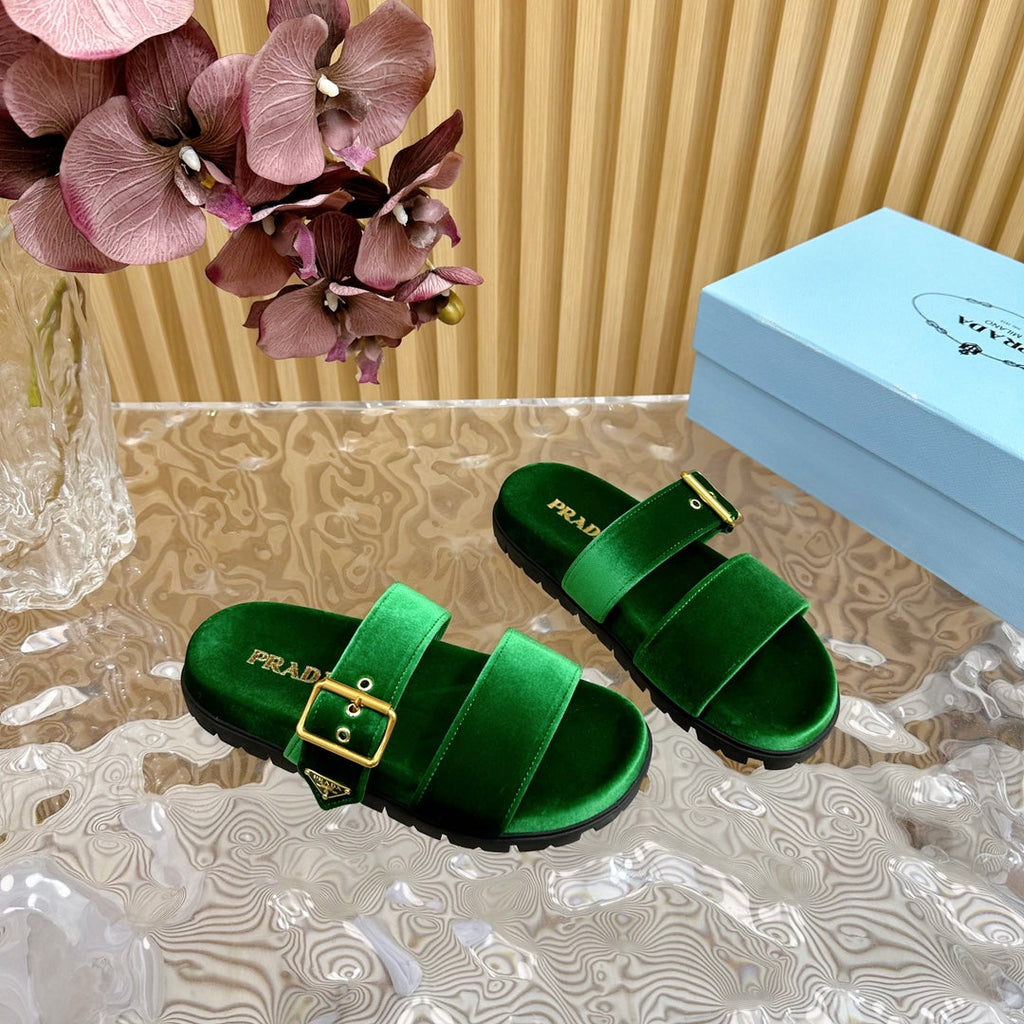 PRADA SLIDES SANLS RK GREEN VELVET