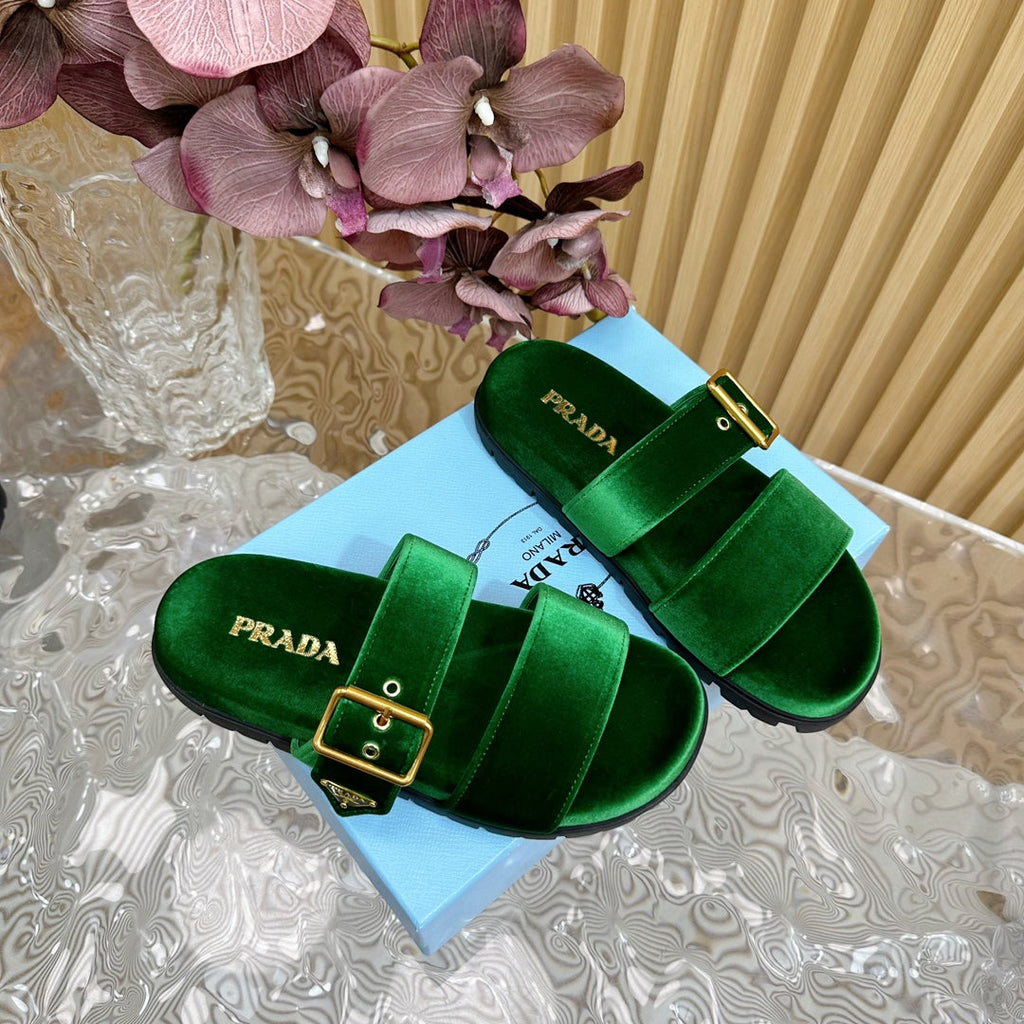 PRADA SLIDES SANLS RK GREEN VELVET
