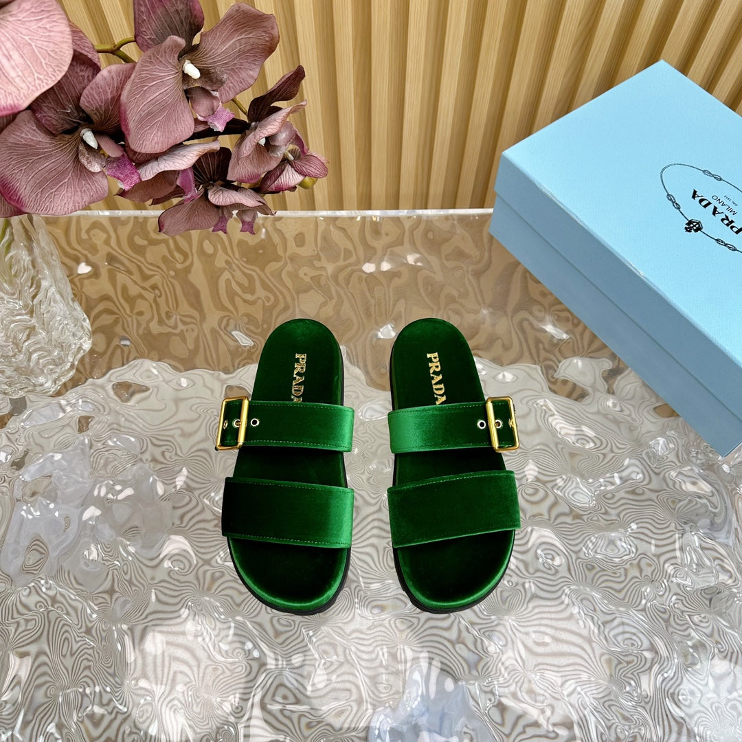 PRADA SLIDES SANLS RK GREEN VELVET