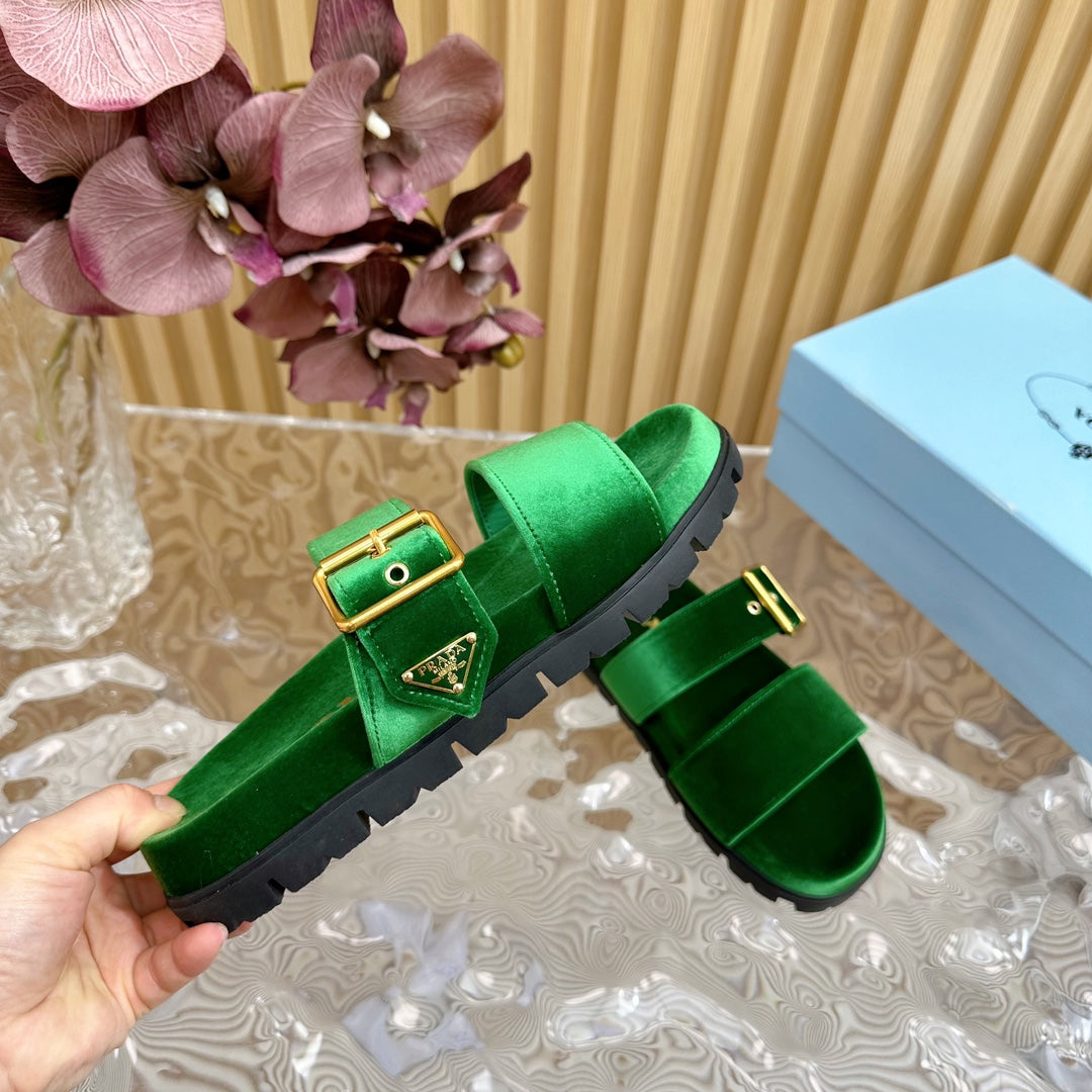 PRADA SLIDES SANLS RK GREEN VELVET